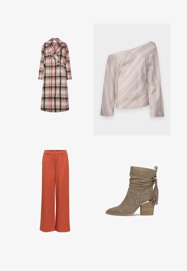 Lange wollen jas met een beige, bruine, rode en roze ruitpatroon, brede revers, twee zwarte knopen en zijzakken.; Off-shoulder, lange mouw top in lichtbeige met subtiele textuurlijnen, voorzien van een ontspannen pasvorm en asymmetrisch ontwerp.; Wijde broekspijpen in roestoranje met riemlussen, voorplooien en een hoge taille, weergegeven op een witte achtergrond.; Tan suède enkelboots met een slouchy ontwerp, zilveren studs, kwastdetails en een stevige houten hak. Puntige neus.