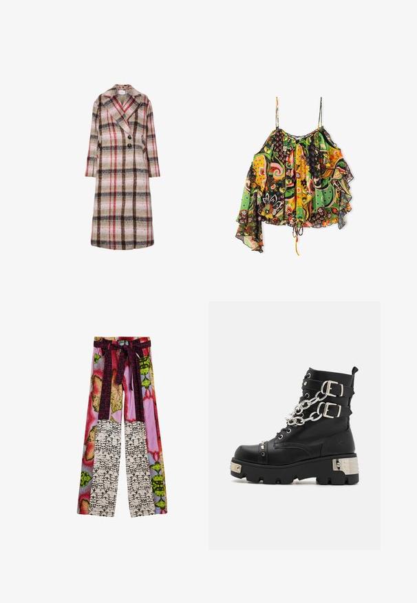 Abrigo largo de lana con patrón de cuadros en tonos beige, marrón, rojo y rosa, con solapas anchas, dos botones negros y bolsillos laterales.; Blusa sin mangas con un estampado brillante, mangas asimétricas con volantes, tirantes finos y dobladillo con cordón en un diseño floral y geométrico multicolor.; Pantalones de pierna ancha con un patchwork colorido de estampados florales y abstractos, y un cinturón de tela a juego atado a la cintura.; Koi Footwear SHACKLED SHADOWS HEAVY DUTY CHAIN - Botines camperos - black