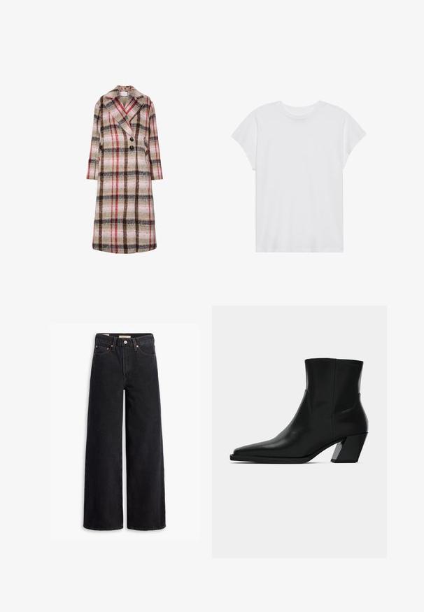 Lang uldfrakke med beige, brun, rød og pink ternet mønster, brede klapper, to sorte knapper og sidelommer.; Hvid kortærmet t-shirt med rund hals, afslappet pasform, lavet af blødt bomuldsstof. Glat tekstur, ingen mønstre eller logoer.; Sorte brede benjeans lavet af denim, med fem lommer, kobbernitter og en klassisk knaplukning. Glat tekstur med et rent design.; Sortlæder ankelstøvle med spids tå, en slank silhuet og en kraftig firkantet hæl. Glat tekstur med minimale stikninger.