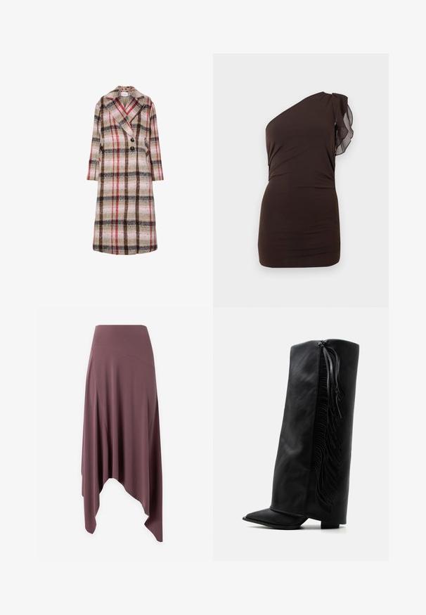 Lange wollen jas met een beige, bruine, rode en roze ruitpatroon, brede revers, twee zwarte knopen en zijzakken.; Donkerbruine mini-jurk met één schouder, geplooide taille en doorzichtige ruches op de enkele mouw tegen een effen achtergrond.; Asymmetrische mauve midi-rok met hoge taille en vloeiende stofpanelen op witte achtergrond.; Zwarte leren kniehoge laars met spits toelopende neus en decoratieve franjes langs de buitenkant tegen een effen witte achtergrond.