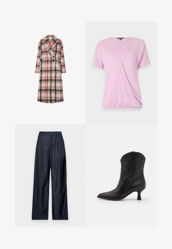 Lang uldfrakke med beige, brun, rød og pink ternet mønster, brede klapper, to sorte knapper og sidelommer.; Lyserød kortærmet top med V-hals, der har en samlede detalje i siden og glat, let stof for en tætsiddende pasform.; Mørkeblå, vide bukser lavet af glat stof, med plisseringer foran og et liv med bæltesløjfer.; Sort læder cowboystøvle med spids tå, lav hæl og dekorativ pyntesyning på skaftet og tåområdet. Glat tekstur overalt.