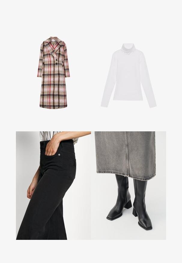 Lange wollen jas met een beige, bruine, rode en roze ruitpatroon, brede revers, twee zwarte knopen en zijzakken.; Witte lange mouw turtleneck top gemaakt van glad, elastisch materiaal. Voorzien van een hoge kraag en een getailleerd ontwerp, zonder zichtbare patronen of versieringen.; Zwarte denim wijde pijpen jeans met een hoge taille, een voorzak en een achterzak met patch. Gladde textuur met minimale stiksel details.; Zwarte laarzen tot de knie van soepel leer met een vierkante neus en blokhak. Draag ze met een grijze denim rok met een rafelige zoom.