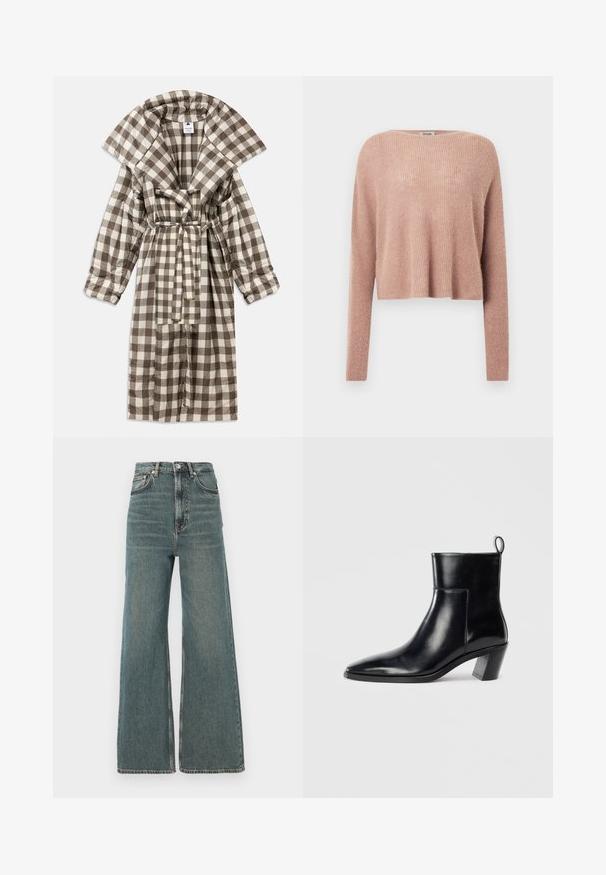 Brun og creme ternet morgenkåbe med bred krave, bæltesyning i taljen og lange ærmer, lavet af blødt stof.; Lyserød cropped sweater lavet af blødt, ribbet materiale med lange ærmer og en bred halsudskæring. Enkel, minimalistisk design.; Høj talje brede jeans i en falmet blå denim, med klassisk fem-lomme styling og lynlås med knaplukning.; Sort læder ankelstøvle med spids tå, geometrisk stablet hæl og en løftestrop bagpå. Glat tekstur og slankt design.