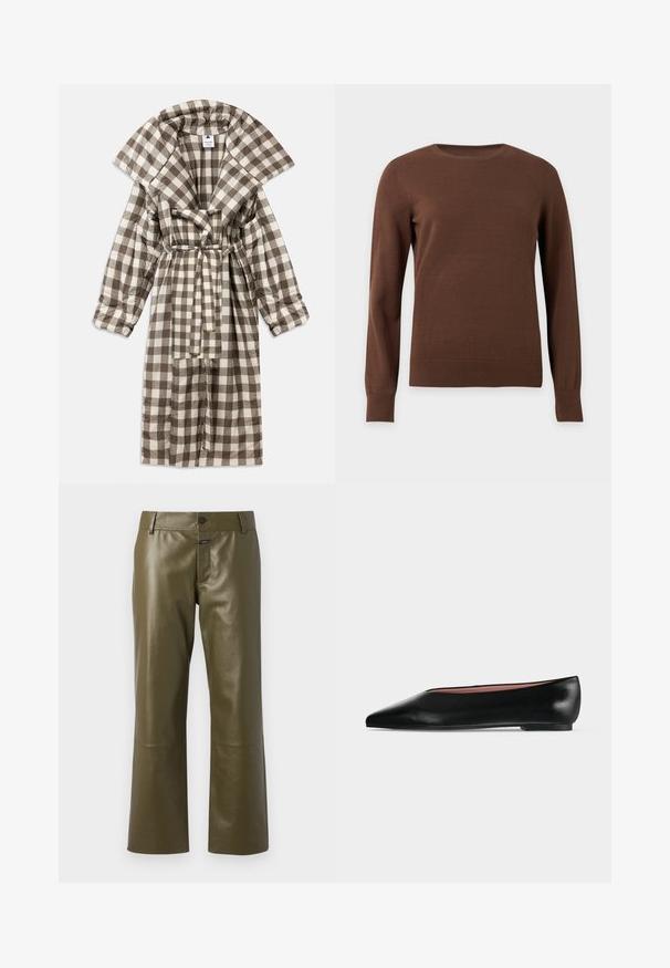 Brun og creme ternet morgenkåbe med bred krave, bæltesyning i taljen og lange ærmer, lavet af blødt stof.; Brun crewneck langærmet sweater med ribkant ved manchetter og kant, vist på en ensfarvet lys baggrund.; CLOSED SERANDON - Skindbukser - marsh green; Sort damesko i læder med flad hæl og spids tå, vist fra siden på en ensfarvet lys grå baggrund.