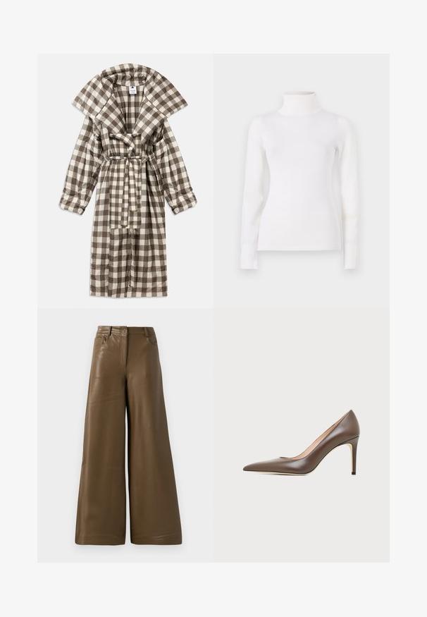 Brun og creme ternet morgenkåbe med bred krave, bæltesyning i taljen og lange ærmer, lavet af blødt stof.; Hvid turtleneck sweater, tætsiddende design, lange ærmer, blød tekstur, glat stof, minimal detaljer, ribbede manchetter og krave.; Breddebenede bukser lavet af glat, brun kunstlæder. Har højt talje, fire lommer og en lynlås foran. Flad tekstur og minimalistisk design.; Brun læder peptået højhælet sko med en slank stilethæl og glat finish på en lys baggrund.