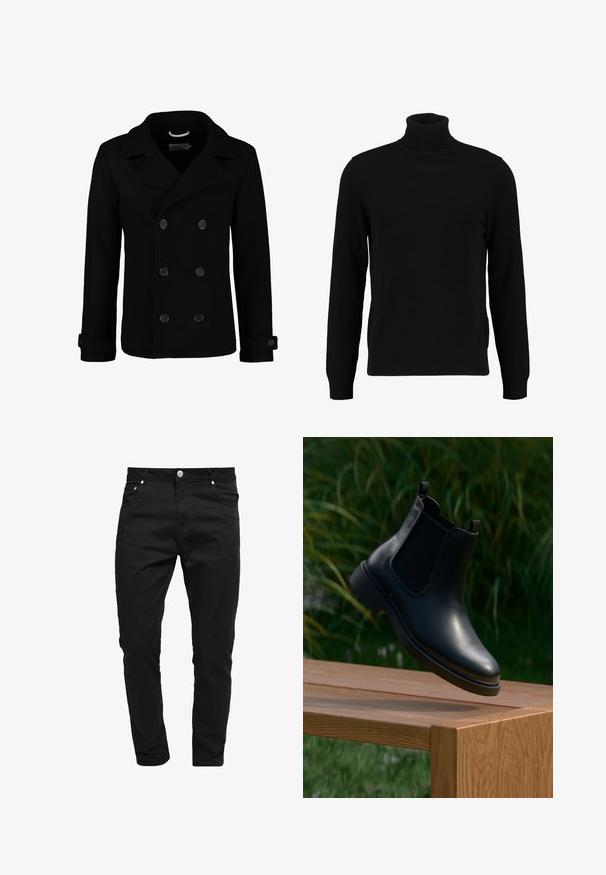Manteau marin noir croisé en laine, avec un col à cranter, de grands boutons et des poignets retroussés. Texture lisse avec une coupe cintrée.; Un pull à col roulé noir en matière tricotée douce. Il possède des manches longues, un col et un ourlet côtelés. Son design est simple et épuré, sans motifs.; Jean noir en tissu denim, design slim fit, style à cinq poches, fermeture à bouton métallique, avec des détails de couture et une texture lisse.; Bottine en cuir noir avec des panneaux latéraux en élasthanne flottant au-dessus d'un banc en bois, arrière-plan de feuillage vert.
