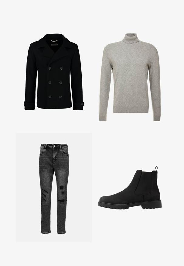 Manteau marin noir croisé en laine, avec un col à cranter, de grands boutons et des poignets retroussés. Texture lisse avec une coupe cintrée.; Pull over gris avec un col haut et des manches longues. Fabriqué à partir d'un matériau lisse et doux, il possède une coupe ajustée et des accents côtelés au niveau de l'ourlet.; Jean en denim noir avec une coupe slim, présentant des déchirures usées sur les cuisses et les genoux, cinq poches, et une fermeture à bouton classique.; Pier One by Zalando UNISEX - Bottines - black