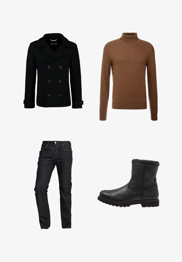 Manteau marin noir croisé en laine, avec un col à cranter, de grands boutons et des poignets retroussés. Texture lisse avec une coupe cintrée.; Pull en col roulé marron en tissu doux, avec des manches longues, des poignets côtelés et une coupe ajustée sans motifs visibles.; LTB RODEN - Jean droit - waterless wash; Panama Jack FEDRO - Bottines - grass black