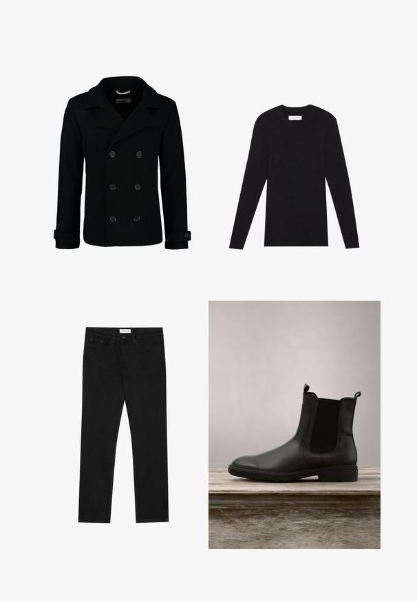 Manteau marin noir croisé en laine, avec un col à cranter, de grands boutons et des poignets retroussés. Texture lisse avec une coupe cintrée.; Pier One by Zalando MUSCLE FIT KNITJUMPER - Pullover - black; Jean droit noir avec un design à cinq poches, fermeture à bouton et zip, et une étiquette de marque Pier One sur la taille.; Bottine Chelsea noire en caoutchouc avec une finition lisse, panneaux latéraux élastiques et languettes, présentant un petit talon et une semelle robuste.