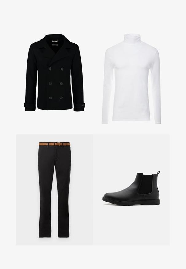 Manteau marin noir croisé en laine, avec un col à cranter, de grands boutons et des poignets retroussés. Texture lisse avec une coupe cintrée.; Chemise à col roulé à manches longues blanche en tissu doux et extensible. Présente un col haut et une coupe ajustée, offrant une silhouette épurée.; Chinos en coton noir avec une coupe droite, accompagnés d'une ceinture en cuir marron. Texture lisse, poches avant classiques et passants de ceinture.; Bottine Chelsea en cuir noir avec des panneaux latéraux en élasthanne, une languette et une semelle en caoutchouc durable. Texture lisse et design épuré.