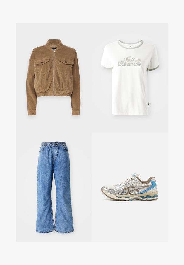 Beskarvet brun kordfløjljakke med to brystlommer, en stålkrave og en frontlynlås. Tekstiler med synlig ribb.; Hvid bomulds T-shirt med grå kant, der har et blomstermotiv og teksten "new balance" i lys grøn. Korte ærmer, almindelig pasform.; Lyseblå denim bukser med brede ben, elastisk talje og snørelukning. Har dobbeltstikninger og rå kant. Ingen synlige lommer.; Hvid og beige løbesko med blå accenter, netoverdel, polstret sål og snørelukning, vist fra ydersiden.