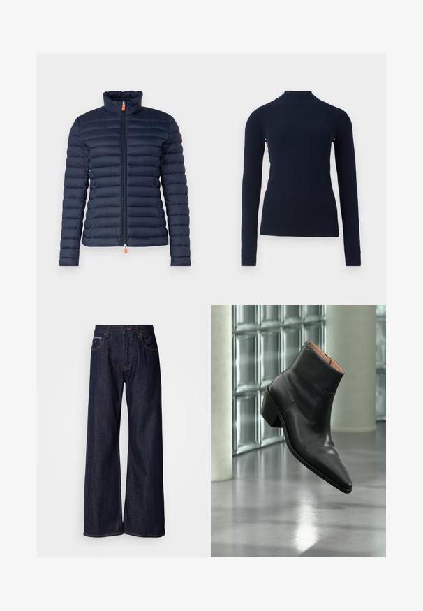 Doudoune marine avec un col haut, design matelassé horizontal, fermeture éclair à l'avant avec tirette orange et sans marquage visible.; Pull-over en maille côtelée bleu marine à manches longues avec un col montant et une silhouette ajustée, présenté sur un fond blanc uni.; Jean en denim noir à jambes larges et taille haute, avec poches avant et détails de couture subtils. Texture lisse avec une coupe classique.; Bottine en cuir noir avec un bout pointu et un talon carré lévitant au-dessus d'un sol gris réfléchissant près d'un mur en blocs de verre.