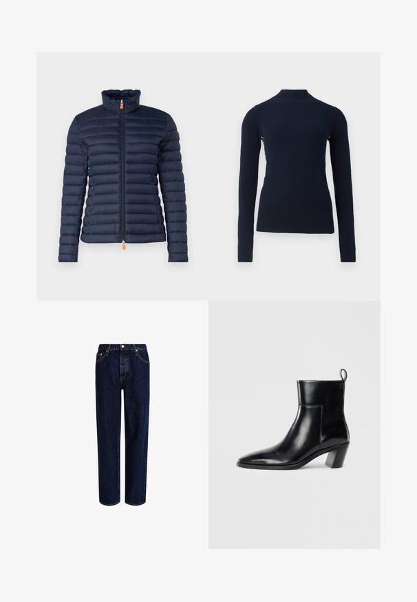 Doudoune marine avec un col haut, design matelassé horizontal, fermeture éclair à l'avant avec tirette orange et sans marquage visible.; Pull-over en maille côtelée bleu marine à manches longues avec un col montant et une silhouette ajustée, présenté sur un fond blanc uni.; Jeans en denim bleu foncé avec une coupe droite, dotés d'une taille haute, d'un style à cinq poches et de coutures contrastantes. Sans embellissements.; Bottine en cuir noir avec un bout pointu, un talon empilé géométrique et une languette à l'arrière. Texture lisse et design épuré.