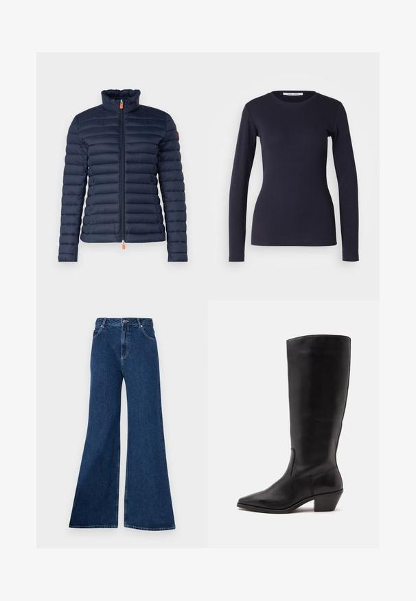 Doudoune marine avec un col haut, design matelassé horizontal, fermeture éclair à l'avant avec tirette orange et sans marquage visible.; T-shirt à manches longues navy en coton doux. Présente un col rond, une coupe ajustée et une texture côtelée. Design simple et uni.; Jean bleu évasé en denim, doté d'une taille haute, d'une conception à cinq poches, de coutures contrastantes, et d'une fermeture éclair avec un bouton.; Botte en cuir noire mi-mollet avec un bout pointu et un talon bas incliné sur un fond clair uni.