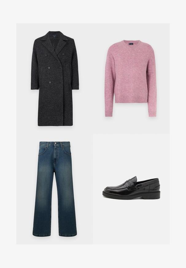 Δίπλα μπροστινό παλτό σε σκούρο γκρι σχέδιο ψαροκόκαλο. Κατασκευασμένο από υφή ύφασμα, με γιακάδες με εγκοπές και δύο μπροστινές τσέπες.; Ροζ πλεκτό πουλόβερ με στρογγυλή λαιμόκοψη, μακριά μανίκια και ριμπ τελειώματα. Μαλακή υφή και άνετη εφαρμογή, κατάλληλο για καθημερινή χρήση.; Μπλε φαρδιά τζιν παντελόνια με ψηλή μέση, μπροστινές και πίσω τσέπες, κλείσιμο με κουμπί και διακριτική φθορά στους μηρούς και τα γόνατα.; Μαύρα δερμάτινα loafers με λεία επιφάνεια, στρογγυλή μύτη, χαμηλό τακούνι και διακοσμητικό ράψιμο μπροστά. Εξωτερική σόλα από καουτσούκ για πρόσφυση.