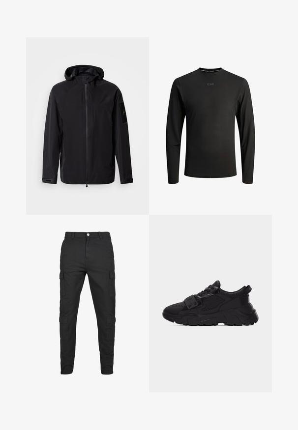 Veste imperméable noire avec une fermeture éclair frontale, une capuche ajustable et des poignets réglables. Dispose de poches latérales et d'un patch logo sur la manche.; Chemise à manches longues noire, fabriquée en tissu lisse et extensible. Présente un col rond et un branding subtil au niveau de la poitrine et du col.; Pantalons cargo noirs en tissu durable. Comprend plusieurs poches latérales, une fermeture à bouton et un design de jambe fuselée. Devant plat, sans motifs.; Baskets noires épaisses avec des panneaux en mesh et cuir, semelle épaisse texturée, devant à lacets et une bride avec des clous métalliques traversant les lacets.