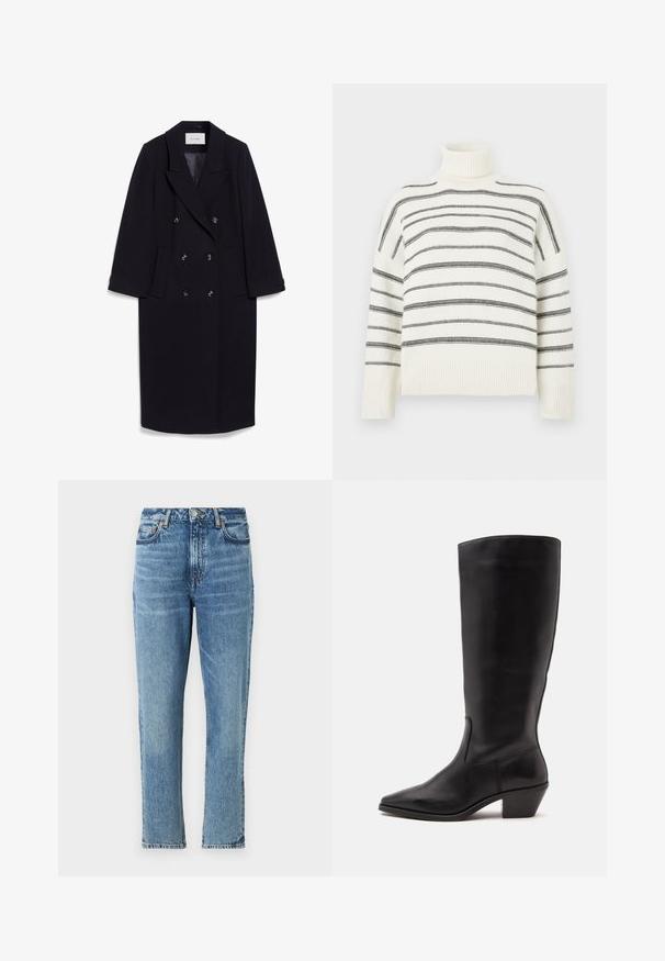 Marineblå dobbeltradet frakke lavet af uldblanding, med brede klapper, fire forlommer og tre sorte knapper fortil.; Hvidt turtle neck-sweater med sorte vandrette striber. Har ribbede kanter ved halsen og ærmerne. Blød tekstur, afslappet pasform og strikket design.; Lyseblå denimjeans med høj talje, lige ben og slidt tekstur. Udstyret med sølvhardware og kontrasterende syninger.; Sort læderstøvle til midtkalv med spids tå og lavt skråt hæl på en enkel lys baggrund.