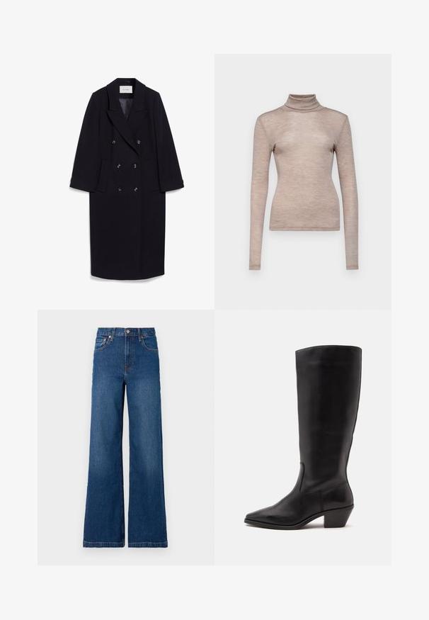 Marineblå dobbeltradet frakke lavet af uldblanding, med brede klapper, fire forlommer og tre sorte knapper fortil.; Langærmet turtleneck top i blød, lys beige stof. Tætsiddende design med en glat tekstur og høj krave.; GAP STRIDE SUTTON - Wide leg - dark wash; Sort læderstøvle til midtkalv med spids tå og lavt skråt hæl på en enkel lys baggrund.