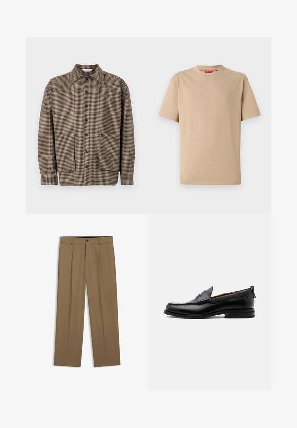 Braun karierter Hemdjacke mit Reverskragen, durchgehender Knopfleiste und zwei aufgesetzten Taschen unten. Strukturierter Stoff.; Beige Baumwoll-T-Shirt mit kurzen Ärmeln, Rundhalsausschnitt und dezentem "HUGO"-Logo in der Mitte. Angenehme Textur, legerer Schnitt.; Braune gerade geschnittene Hose mit Gürtelschlaufen, Vorderknopf und Reißverschluss, flach auf weißem Hintergrund dargestellt.; Schwarzer Leder-Herrenschuh mit Mokassinnaht, Penny-Riemen, strukturiertem Kragen und niedrigem gestapeltem Absatz auf weißem Hintergrund.