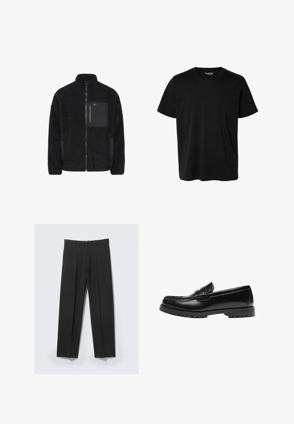 Veste en polaire noire avec col haut, fermeture éclair à l'avant et poche noire contrastante. Présente une texture douce et un design décontracté.; T-shirt noir uni à manches courtes et col rond pour homme, sans motifs ni logos visibles à l’avant.; Pantalon noir ajusté avec plis avant, poches latérales, passants de ceinture et fermeture par bouton à la taille sur un fond clair.; Mocassin en cuir noir avec une semelle en caoutchouc épaisse et un détail classique de bride à monnaie, vu de côté extérieur.