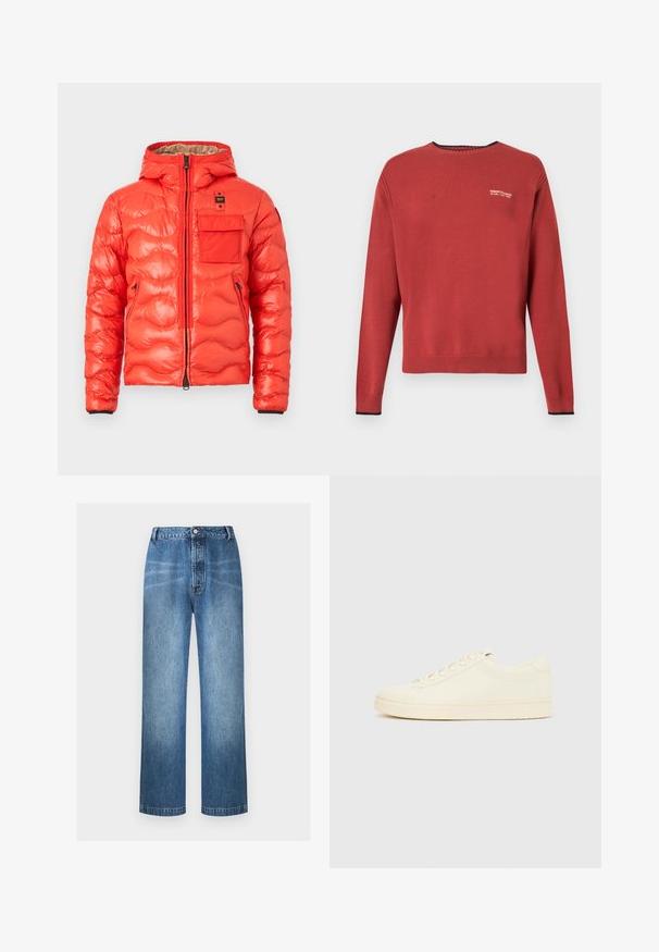 Doudoune orange vif avec capuche, fermeture éclair devant, deux poches latérales zippées et une poche poitrine à rabat avec étiquette logo noire.; Pull rouge à manches longues avec col rond, poignets et bas côtelés, avec petit logo blanc Armani Exchange sur le côté gauche de la poitrine.; Jean bleu taille haute à jambes droites avec fermeture par bouton et zip, détails légèrement délavés sur les cuisses et les genoux, pas de poches visibles à l'avant.; Baskets couleur crème avec une tige en cuir lisse, bout arrondi, laçage à l'avant et semelle en caoutchouc texturée. Design minimaliste, sans logo.