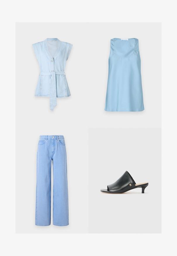 Lichtblauw denimvest met korte mouwen, V-hals, twee knopen en een taillekoord. Beschikt over contrasterende stiksels en een uitlopende silhoeët.; Lichtblauw satijnen tanktop met een ronde hals en brede schouderbanden, met een gladde textuur en een rechte zoom.; Lichtblauwe wijde denim jeans. Heeft een aangesloten taille met riemlussen en voorzakken, stiksel details en een schone zoom.; Zwarte leren open teen muiltjes met een lage hak. Heeft een glad oppervlak en een gouden logo accent aan de zijkant.