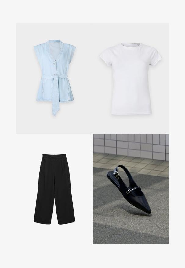 Lyseblå denimvest med korte ærmer, V-hals, to knapper og taljebånd. Har kontrastsyninger og en flared silhuet.; Hvid bomulds T-shirt med korte, bølgede ærmer, rund halsudskæring, tætsiddende pasform, glat tekstur og ingen synlige mønstre eller udsmykninger.; Sorte bukser med brede ben, flad front, to plisser og sidelommer. Fremstillet af glat stof med en struktureret linning.; Sort flad slingback med spids tå og dobbelte spænder, hvilende på grå asfalt nær flisevæg.