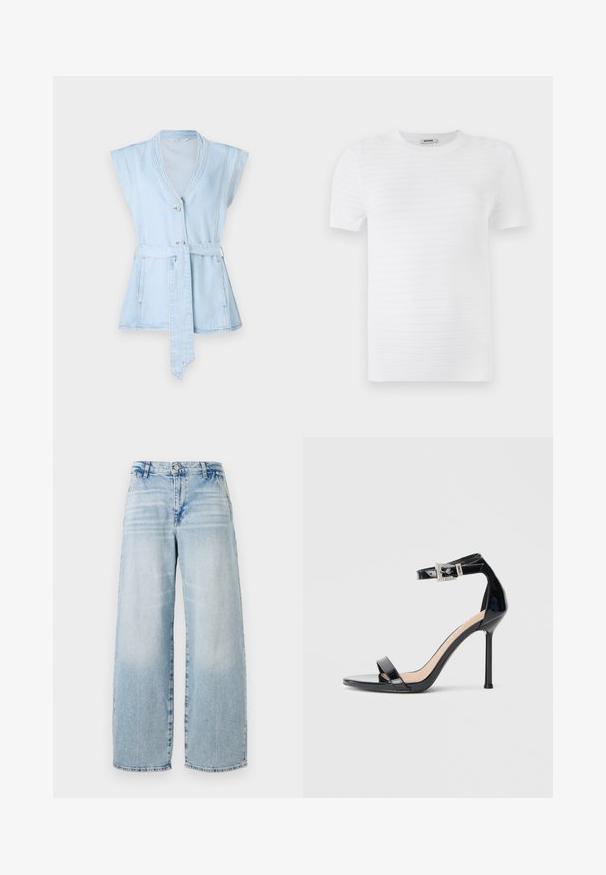 Lyseblå denimvest med korte ærmer, V-hals, to knapper og taljebånd. Har kontrastsyninger og en flared silhuet.; Hvid kortærmet t-shirt lavet af struktureret stof med et ribbet mønster. Designet har en rund udskæring og en lige pasform.; Lyseblå denim vidde jeans med høj talje, subtilt slid-effekt, rå kant og klassisk fem-lomme design.; Sort højhælet sandal i laklæder med ankelrem. Har minimalistisk design, åben tå og spænde med rhinsten-detaljer.