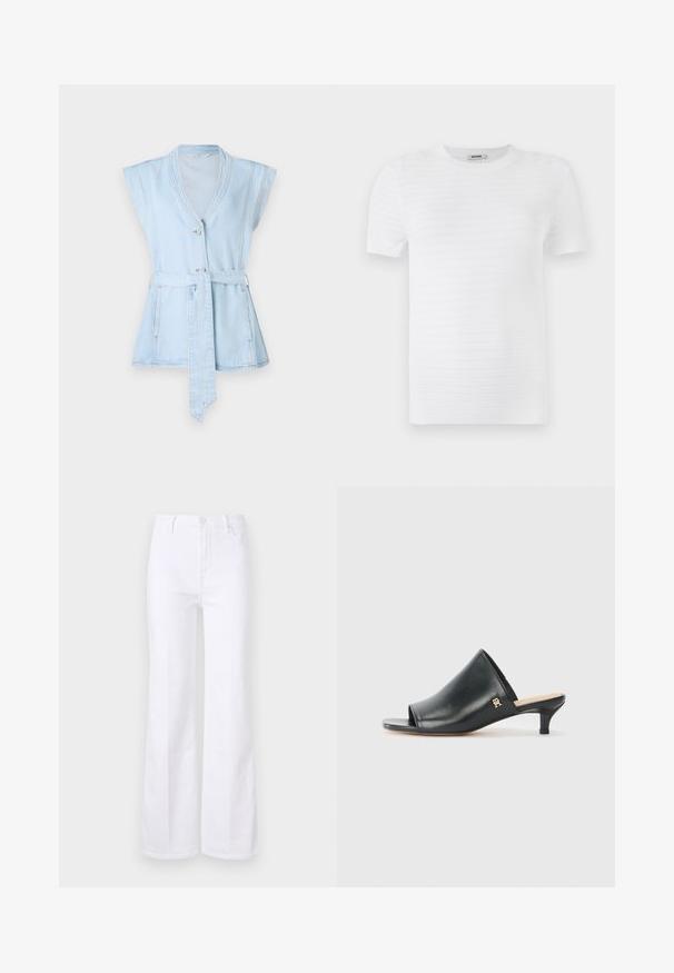 Lyseblå denimvest med korte ærmer, V-hals, to knapper og taljebånd. Har kontrastsyninger og en flared silhuet.; Hvid kortærmet t-shirt lavet af struktureret stof med et ribbet mønster. Designet har en rund udskæring og en lige pasform.; Hvide flared jeans lavet af denim, med høj talje, forlommer og knaplukning. Glat tekstur og rene linjer.; Sorte læder open-toe mules med en lav hæl. Har en glat overflade og et guld logo-prim på siden.