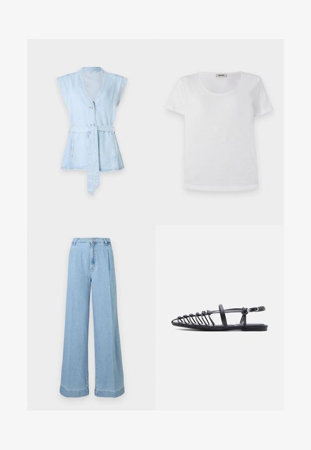 Lichtblauw denimvest met korte mouwen, V-hals, twee knopen en een taillekoord. Beschikt over contrasterende stiksels en een uitlopende silhoeët.; Witte t-shirt met korte mouwen, gemaakt van zachte stof, met een ronde halslijn en een rechte zoom zonder zichtbare patronen of accenten.; Lichtblauwe denim wijde jeans met een hoge taille, plooien aan de voorkant en een ruwe zoom voor een casual uitstraling.; Zwarte platte sandaal met meerdere dunne bandjes, een enkelfiguur met gesp en een open-toe kooi-ontwerp op een witte achtergrond.