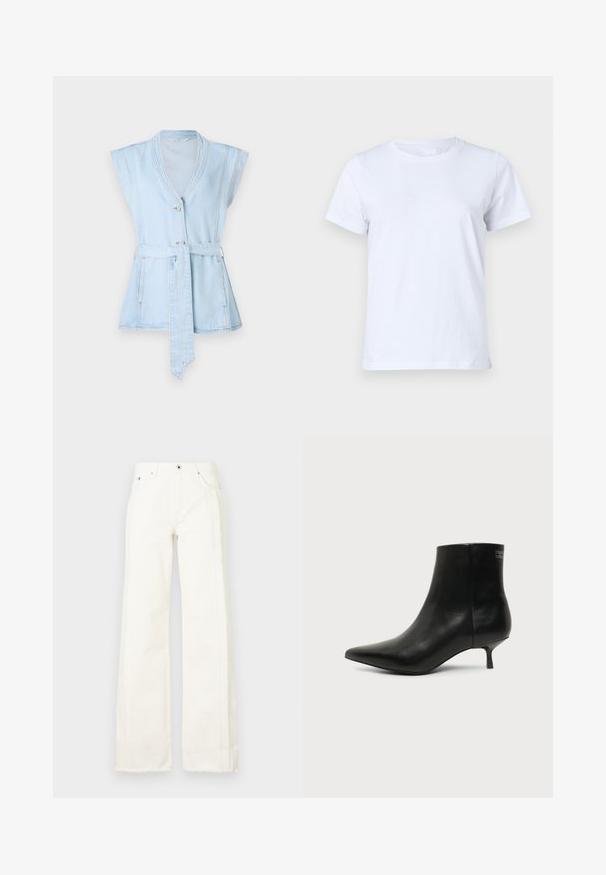Lyseblå denimvest med korte ærmer, V-hals, to knapper og taljebånd. Har kontrastsyninger og en flared silhuet.; Hvid bomulds T-shirt, korte ærmer, klassisk crew neck design, ensartet tekstur uden mønstre eller accenter, standard pasform, enkel og alsidig.; Hvide wide-leg jeans i denim med frayed kanter langs siderne, frontlommer og en klassisk knap- og lynlåsåbning.; Sort læder ankelstøvle med spids tå og lav kitten hæl på lys baggrund, der viser yderside.