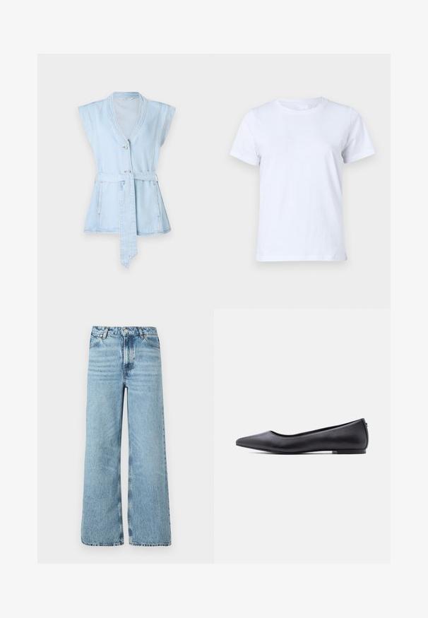 Lichtblauw denimvest met korte mouwen, V-hals, twee knopen en een taillekoord. Beschikt over contrasterende stiksels en een uitlopende silhoeët.; Witte katoenen T-shirt, korte mouwen, klassiek ronde hals ontwerp, effen textuur zonder patronen of accenten, standaard pasvorm, eenvoudig en veelzijdig.; Lichtblauwe wijdlopende jeans van denim, met een hoge taille, vijf-pocket ontwerp en contrasterende stiksels langs de naden.; Zwarte platte leren schoen met puntige neus en lage hak, zijaanzicht tegen een witte achtergrond.