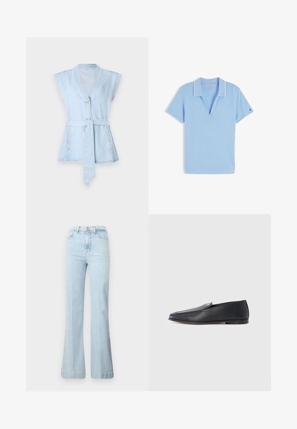 Lyseblå denimvest med korte ærmer, V-hals, to knapper og taljebånd. Har kontrastsyninger og en flared silhuet.; Lyseblå kortærmet polo med hvid kant på kraven og tre-knaps lukning, lagt fladt på en hvid baggrund.; Lyseblå flagrende jeans lavet af denim. Har høj talje, lynlåsog to forlommer. Subtilt slid på stoffet, ren søm.; Sorte læderloafers med en glat tekstur, rundet tå og subtile syningsdetaljer. Har en guldfarvet logoaccent på oversiden.