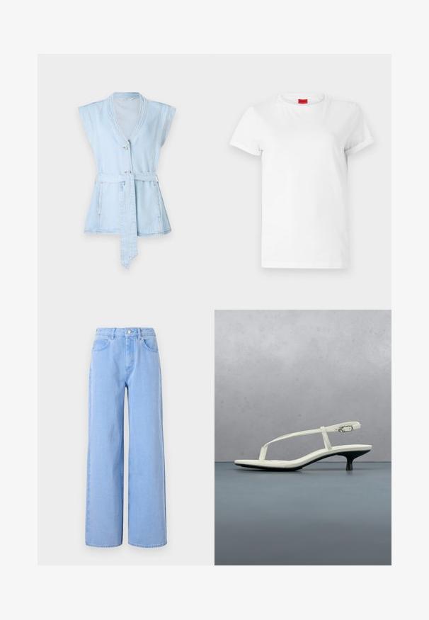 Lichtblauw denimvest met korte mouwen, V-hals, twee knopen en een taillekoord. Beschikt over contrasterende stiksels en een uitlopende silhoeët.; Witte T-shirt met korte mouwen, gemaakt van lichtgewicht katoen. Heeft een ronde hals en opgerolde mouwen. Rode merketiket op de kraag.; Lichtblauwe wijde denim jeans. Heeft een aangesloten taille met riemlussen en voorzakken, stiksel details en een schone zoom.; Witte sandaal met smalle bandjes en kitten heel, met een spitse neus, zwevend boven een houten tegelvloer buiten, met op de achtergrond een wazige plant en muur.