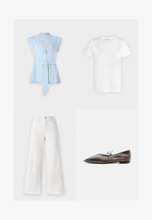Lyseblå denimvest med korte ærmer, V-hals, to knapper og taljebånd. Har kontrastsyninger og en flared silhuet.; En simpel hvid T-shirt med korte ærmer og rund hals lagt fladt på en lys grå baggrund, hvor forsiden med label inde i halsen vises.; Hvide vidde bukser lavet af denim, med høj talje, fire lommer og rå kant i bunden for tekstur.; Brun læder flad sko med spids tå, lav hæl og lille sløjfe på toppen, vist fra siden på hvid baggrund.