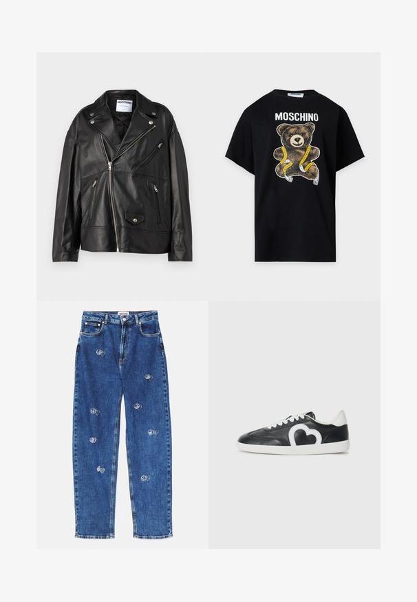 Zwarte leren motorjack met een gekartelde revers, asymmetrische ritssluiting aan de voorkant en meerdere ritszakken. Voorzien van zilveren hardware accenten.; Zwart Moschino T-shirt met een teddybeer gewikkeld in een geel-wit meetlint, gedrukt onder de merknaam.; Donkerblauwe spijkerbroeken met een relaxte, rechte snit. Voorzien van zilveren patches in de vorm van een vredesteken en een hart aan de voorkant. Klassiek vijf-pocket ontwerp.; Zwarte lage sneaker met witte veters, witte zool en een wit hartvormig ontwerp aan de zijkant.