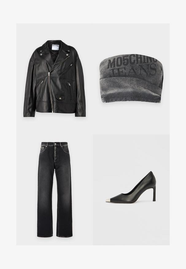 Sort lædermotorcykeljakke med notch-lapel, asymmetrisk frontlynlås og flere lynlåslommer. Har sølvfarvede hardware-detaljer.; Sort denim bandeau med en tekstureret overflade og trykt "MO5CHING JEANS" i fed skrift. Har et glat kurvet design og stikninger i kanterne.; Sorte jeans med lige ben, let ældede, femlommedesign og knaplukning på en ensfarvet hvid baggrund.; Sort læder højhælet sko med spids tå og metal-sølv hætte. Har en glat finish og en slank hæl på 10 cm.