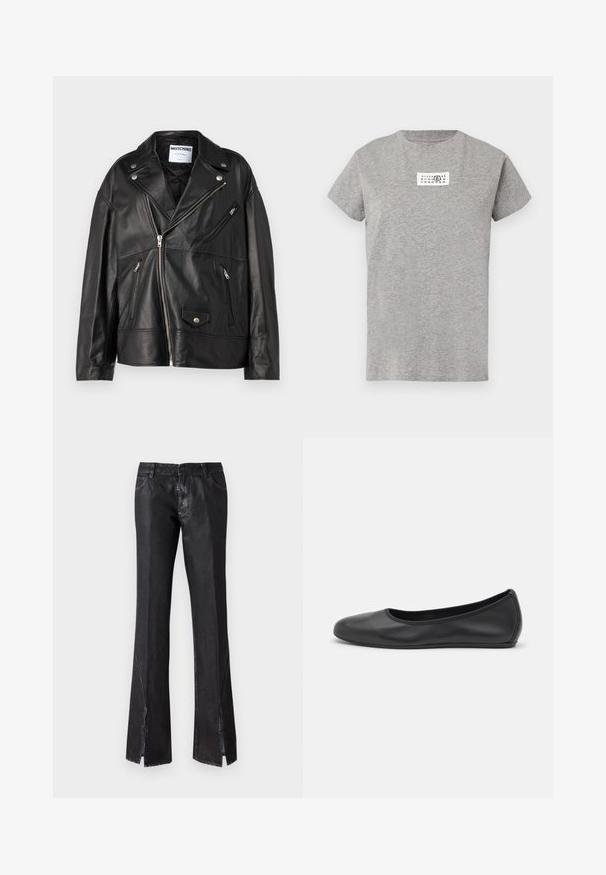 Schwarze Leder-Motorradjacke mit Eingriffskragen, asymmetrischem Reißverschluss und mehreren Reißverschlusstaschen. Verziert mit silbernen Hardware-Details.; Graues Baumwoll-T-Shirt mit kurzen Ärmeln und rundem Halsausschnitt. Auf der Brust befindet sich ein weißes rechteckiges Grafikmuster mit Zahlen.; Schwarze ausgestellte Hosen mit glänzender Oberfläche, ausgestattet mit zwei vorderen Taschen und Schlitzdetails am Saum, aus strapazierfähigem Material gefertigt.; Schwarze Leder-Ballettschuhe mit abgerundeter Spitze, glatter Textur, minimalen Nähdetails und einem flexiblen Sohlen-Design.