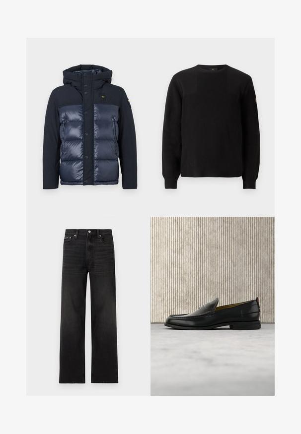 Veste rembourrée marine avec capuche. Elle présente une finition matelassée, une fermeture à boutons et une poche zippée sur le côté. Fabriquée en tissu brillant et mat.; Pull noir en tricot avec une texture côtelée, col rond et manches longues. Présente un design à panneaux subtil et un petit logo sur la manche.; Jean noir droit avec cinq poches, passants pour ceinture et fermeture par bouton, présenté sur un fond blanc.; Mocassin pour homme en cuir noir avec un dessus embossé effet croco et un petit talon, présenté de profil sur un fond neutre.