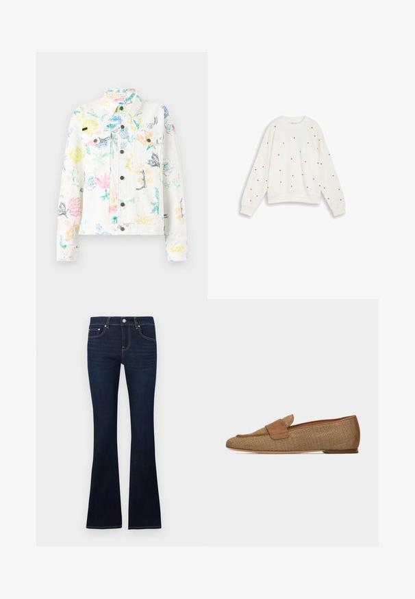 Soulland DECLAN JACKET - Veste en jean - white; Sweat-shirt blanc à manches longues avec petits motifs de cœurs rouges dispersés sur le devant et les manches, doté de poignets et d'un ourlet côtelés.; Jean évasé en denim bleu foncé avec une taille ajustée, des coutures visibles, une fermeture à boutons sur le devant, et des poches classiques à l'avant et à l'arrière.; Mocassin tissé couleur fauve avec sangle et bordure en daim, semelle plate, présenté de profil sur fond blanc.