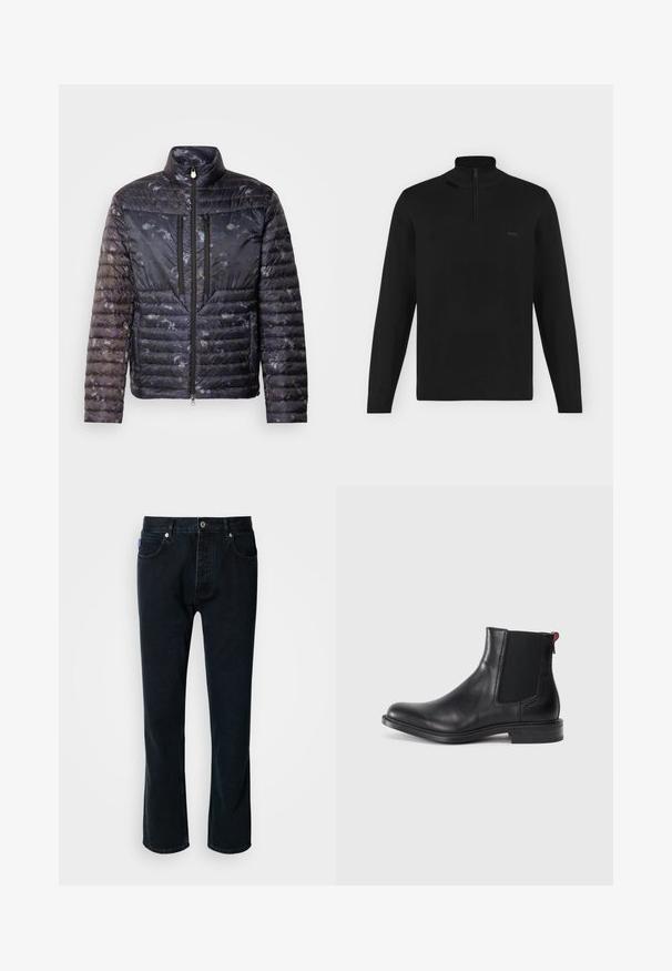 Dicker dunkelblauer Mantel mit strukturierter, gemusterter Oberfläche. Verfügt über einen hohen Kragen, zwei Reißverschlusstaschen und eine schlanke Silhouette.; Schwarzer Langarm-Pullover mit hohem Kragen und halbem Reißverschluss, gerippte Bündchen und Saum, mit kleinem "BOSS"-Logo auf der linken Brust.; HUGO JONAH - Jeans Straight Leg - dark blue; Schwarze Leder-Chelsea-Stiefel mit elastischen Seitenteilen, runder Zehenform und niedrigem gestapeltem Absatz. Mit rotem Zugband und dezenten Branding an der Seite.