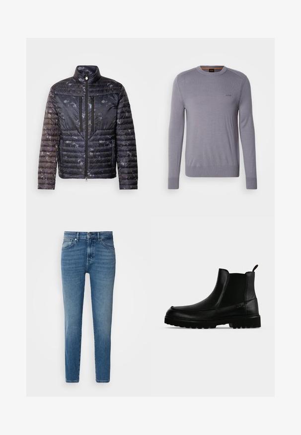 Veste matelassée de couleur bleu foncé avec une finition texturée et à motif. Dotée d'un col montant, de deux poches zippées et d'une silhouette élégante.; Pull en tricot violet clair avec un col rond, des poignets et un ourlet côtelés. Présente un petit logo brodé sur la poitrine. Texture lisse.; Jeans en denim bleu clair avec une coupe droite, design traditionnel à cinq poches, fermeture par bouton en métal et décoloration subtile à l'avant.; Bottine noire en cuir avec semelle texturée, panneaux latéraux élastiques et languette de tirage sur fond gris clair.