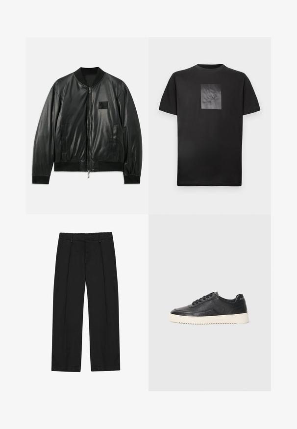 Chaqueta bomber de cuero negro con cierre de cremallera en la parte delantera, puños y dobladillo acanalados, y bolsillos laterales; presenta un pequeño parche de logo en el pecho.; Camiseta de algodón negra con un gráfico cuadrado y texturizado en la parte frontal que presenta un logo estilizado. Manga corta y cuello redondo.; Pantalones negros de pierna recta, con pliegues, bolsillos laterales y una pretina plana. Fabricados con una tela suave de acabado mate.; Zapatillas de cuero negro con acabado texturizado, puntera redonda y suela de goma blanca plana. Presenta cordones negros y una marca en el talón.