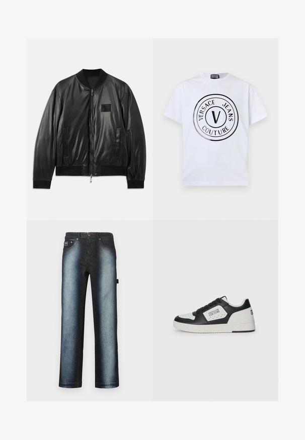 Chaqueta bomber de cuero negro con cierre de cremallera en la parte delantera, puños y dobladillo acanalados, y bolsillos laterales; presenta un pequeño parche de logo en el pecho.; Camiseta blanca de manga corta con logo circular negro de Versace Jeans Couture y letra "V" en el centro en la parte delantera.; Vaqueros azul oscuro con un diseño degradado, que pasa de un negro profundo a un azul más claro, con un estilo estándar de cinco bolsillos y una textura de lavado claro.; Zapatilla en blanco y negro con parte superior de cuero liso, caja de dedos perforada, panel blanco en contraste y detalle del logotipo en el costado y el talón.