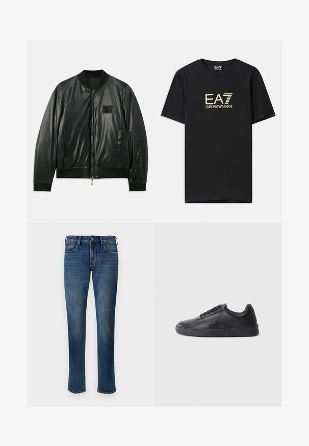 Zwarte leren bomberjack met een ritssluiting aan de voorkant, geribbelde manchetten en onderrand, en zijzakken; heeft een klein logo-opdruk op de borst.; Zwarte katoenen t-shirt met een gouden EA7 Emporio Armani-logo over de borst. Korte mouwen en een ronde hals.; Denim jeans in een gemiddelde blauwe was. Heeft een recht gesneden ontwerp, vijf zakken, een ritsluiting aan de voorkant en contrasterende stiksels.; Zwarte leren sneaker met een gladde afwerking, ronde neus, textuurpaneel aan de zijkant en zwarte veters. Voorzien van een platte rubberen zool en een minimalistisch ontwerp.