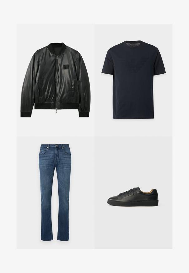 Chaqueta bomber de cuero negro con cierre de cremallera en la parte delantera, puños y dobladillo acanalados, y bolsillos laterales; presenta un pequeño parche de logo en el pecho.; Camiseta negra de manga corta con cuello redondo, con un sutil logo de águila en relieve en el pecho y una etiqueta de marca dentro del cuello.; Vaqueros de mezclilla azul de pierna recta con trabillas para cinturón, botón frontal, cremallera y diseño clásico de cinco bolsillos.; Zapatilla negra de cuero de caña baja con superficie texturizada, cordones negros y suela de goma gruesa, mostrada de lado sobre un fondo claro.