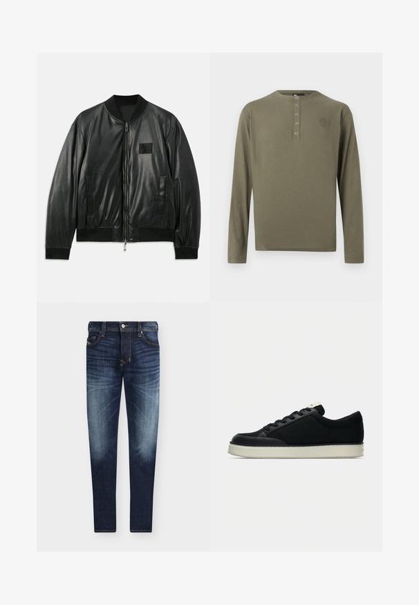 Chaqueta bomber de cuero negro con cierre de cremallera en la parte delantera, puños y dobladillo acanalados, y bolsillos laterales; presenta un pequeño parche de logo en el pecho.; Camiseta tipo henley de manga larga color verde oliva con cuatro botones de presión metálicos y un pequeño logo bordado en el pecho izquierdo.; Vaqueros ajustados de color azul oscuro con lavado desteñido en muslos y rodillas, con botón frontal, cremallera y diseño de cinco bolsillos.; Zapatilla negra con puntera de cuero liso, parte superior textil, cordones planos y suela de goma blanca. Diseño minimalista con detalles en contraste.