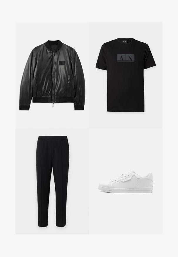 Zwarte leren bomberjack met een ritssluiting aan de voorkant, geribbelde manchetten en onderrand, en zijzakken; heeft een klein logo-opdruk op de borst.; Zwart, kort mouw Armani Exchange T-shirt met de letters A en X in donkergrijze vierkanten en de tekst "Armani Exchange" onder het logo.; Zwarte, op maat gemaakte broek met elastische tailleband, voorste plooiendetail en rechte pijpen tegen een lichtgrijze achtergrond.; Witte leren sneaker met een ronde neus, zes oogjes, platte veters en een minimalistisch ontwerp. Bevat een klein logo aan de zijkant.
