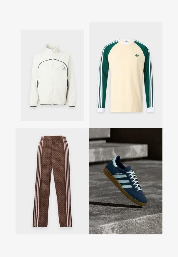 Witte ritsjack met zwarte accenten, voorzien van een staande kraag, elastische manchetten en een logo op de linkerkant van de borst in het grijs. Textuur van de stof.; Beige shirt met lange mouwen met donkergroene raglanmouwen, witte manchetten, witte strepen op de mouwen en klein groen Adidas-logo op de borst.; Bruine trainingsbroek met lichtroze verticale strepen aan de zijkanten en een herhalend bladpatroon over de hele broek, elastische tailleband, recht gesneden pijpen.; Blauwe Adidas Spezial sneaker met witte strepen en veters, gumzool, zwevend boven een ruwe betonnen oppervlakte en trappen op de achtergrond.