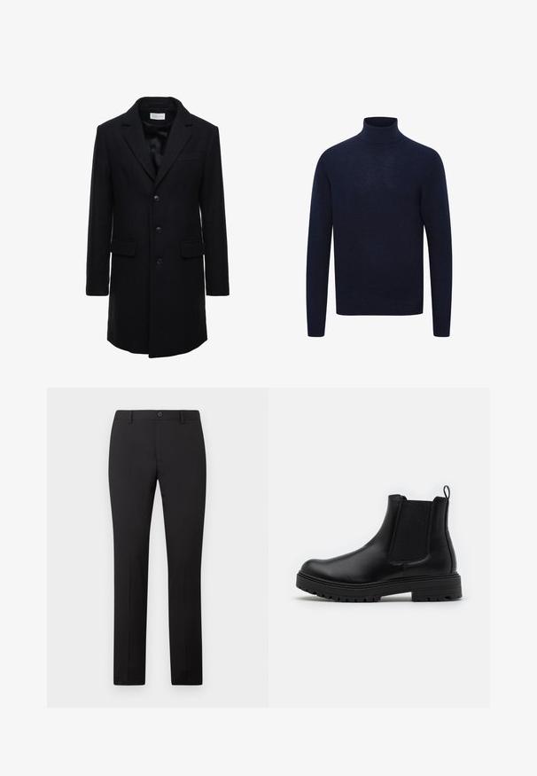 Manteau en laine bleu marine foncé au fit ajusté, à boutonnage simple, avec revers en pointe et deux poches à l'avant, doté d'une fermeture à bouton.; Pull à col roulé bleu marine à manches longues avec col, poignets et ourlet côtelés, présenté sur fond blanc.; Pantalon noir sur mesure avec une coupe droite, doté d'une fermeture à bouton et de passants pour ceinture. Confectionné dans un tissu lisse sans motifs apparents.; Zign by Zalando LEATHER - Bottines - black